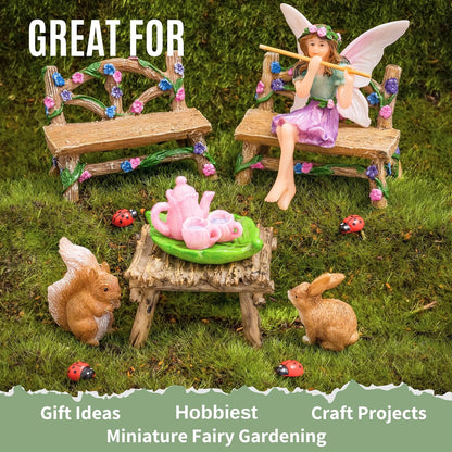 PRETMANNS Fairy Starter Kit with Accessories for Indoor Outdoor Miniature Garden – Adorable Figurine with Furniture, Squirrel, Bunny & Tea Set – 14 Piece Hand-Painted Resin Set