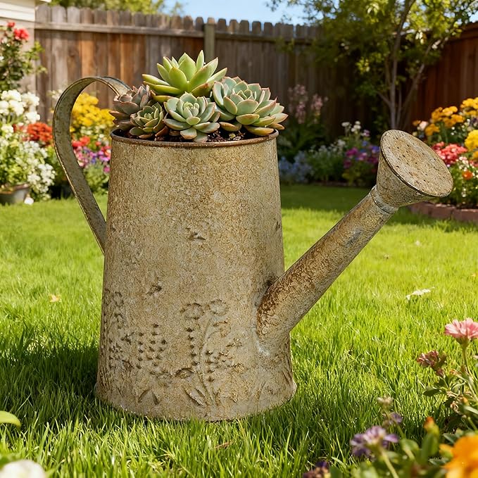 Vintage Distressed Gold Flower & Garden Watering Can, Decorative Metal Watering Pot Planter for Home Patio Backyard Outdoor Plant Care, Rustic Farmhouse Home Decor Accent