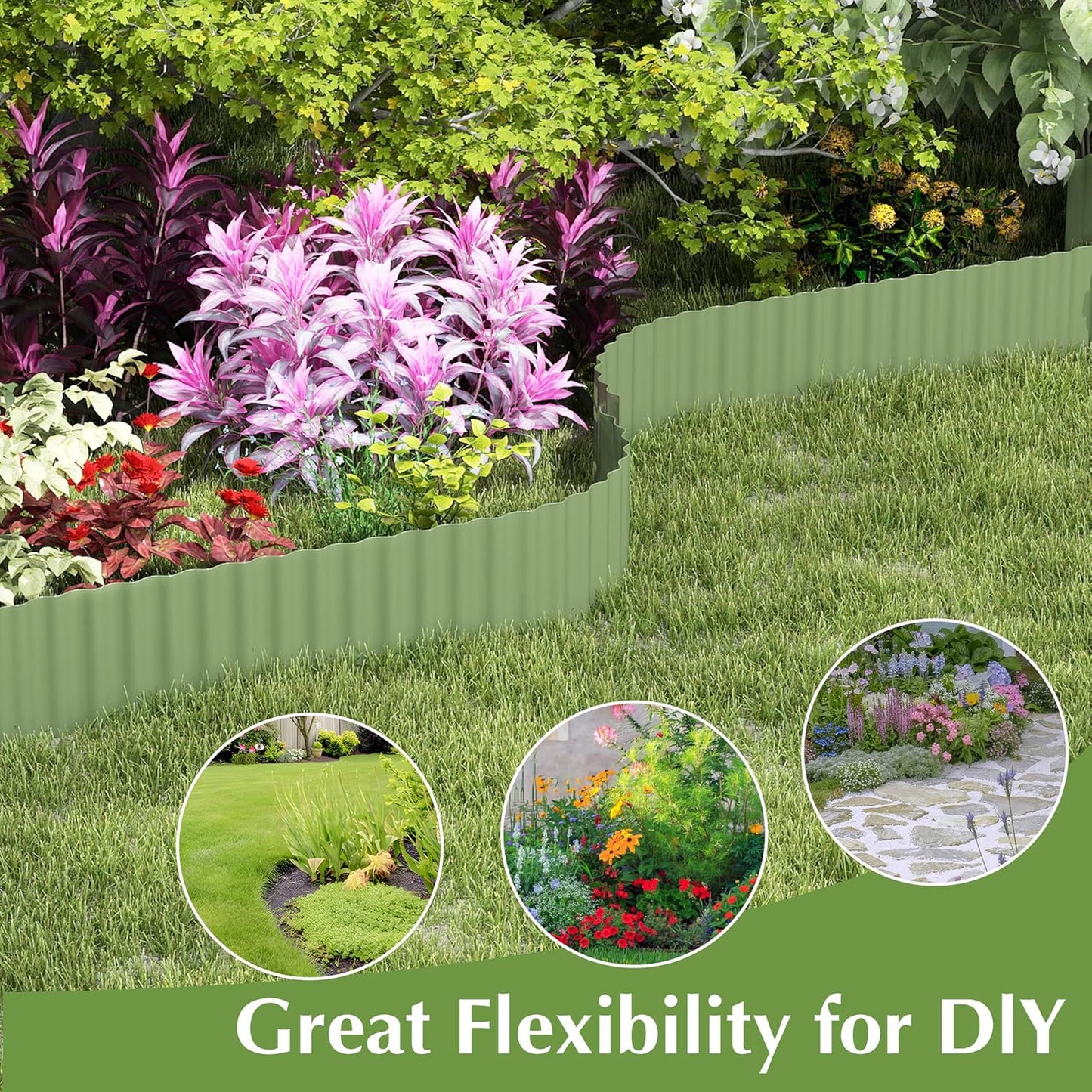 Metal Garden Edging Border, Corrugated Steel Landscaping, DIY for Lawn (Green, 6 Inch x 40FT)