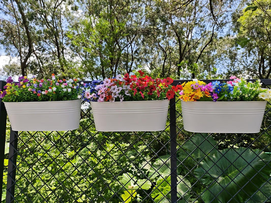 3 Pcs Large Balcony Planters Railing Hanging Flower Pots- 16.2 Inch Metal Railing Planter Box Fence Planters for Outdoor Plants with Detachable Hooks and Drain Holes for Garden Decor (White-16.2inch)