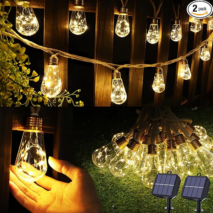 Solar Outdoor String Lights, 2 Pack 20Ft Vintage Rope Hemp Solar Patio Lights, Waterproof Warm White Solar Powered String Lights With 8 Modes 16 Shatterproof Bulbs for Fence Stairs Balcony Café Bistro