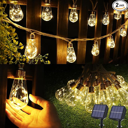 Solar Outdoor String Lights, 2 Pack 20Ft Vintage Rope Hemp Solar Patio Lights, Waterproof Warm White Solar Powered String Lights With 8 Modes 16 Shatterproof Bulbs for Fence Stairs Balcony Café Bistro