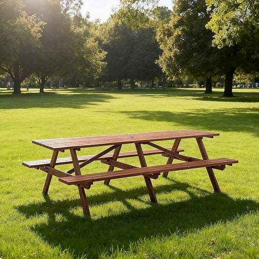 ZeHuoGe 95-Inch Outdoor Picnic Table Set with Benches, 12-Person Wooden Patio Table with Umbrella Hole, Rustic Garden Furniture for Backyard