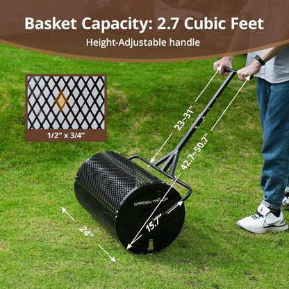 Compost Spreader 24 Inch Peat Moss Spreader with Installation Support Accessories, Metal Mesh Roller Lawn Spreader for Top Soil, Manure, Mulch, Top Dressing - Garden spreaders for lawns