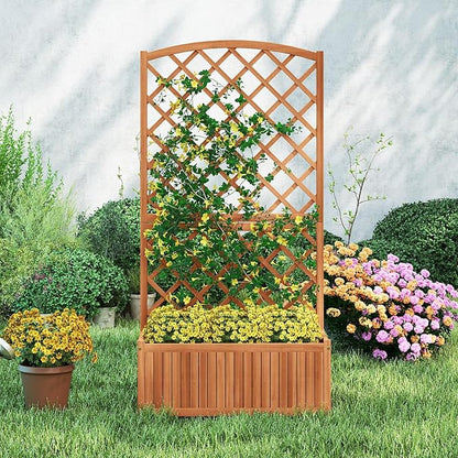 HAPPYGRILL Wooden Raised Garden Bed with Trellis, 63" Tall Planter Box with Trellis & Slat Bottom Base Vine Climbing Plants Flowers, Outdoor Freestanding Garden Box for Backyard Balcony (1)