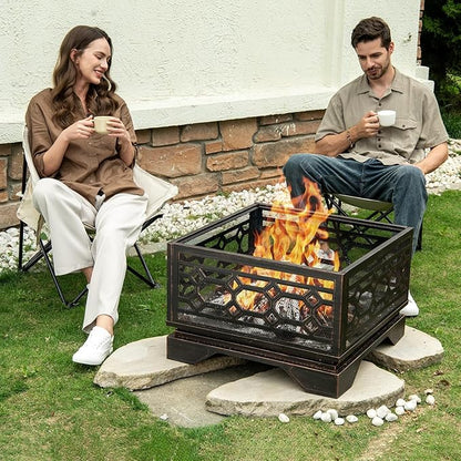 Outdoor Fire Pit, 26 Inch Wood Burning Firepit for Outside with Mesh Cover & Fire Poker, Large Square Metal Fireplace for Patio, Backyard, Garden, Bonfire Party