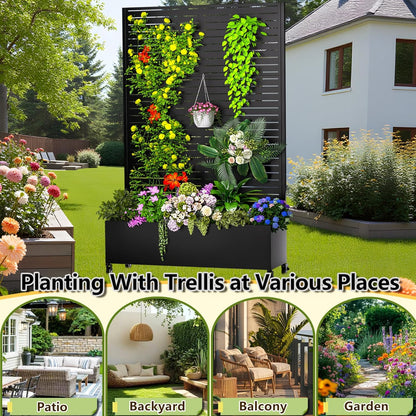 Metal Planter Box with Trellis, 72"x47"x16" Outdoor Galvanized Raised Garden Bed with Privacy Screen & Drainage Holes & Lockable Casters for Climbing Plants, Vegetable, Vines (Black-Louvered)