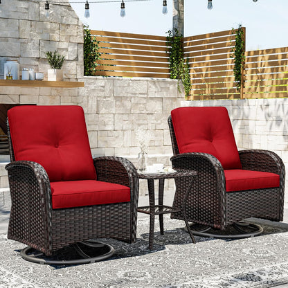 Joyside Outdoor Swivel Rocker Chairs, 3 Piece Wicker Patio Set with Thick Cushion and Side Table, Rattan Patio Swivel Rocking Chairs for Porch, Deck Use (Brown/Red, 3 PCS)
