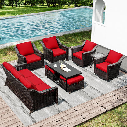 Joyside Wicker Patio Furniture Sets, 9 Pieces Upgraded Large Size Outdoor Furniture with Swivel Rocking Patio Chairs, Patio Dining Chair, 3-Seat Sofa, Outdoor Ottoman, Coffee Table, Thick Cushions
