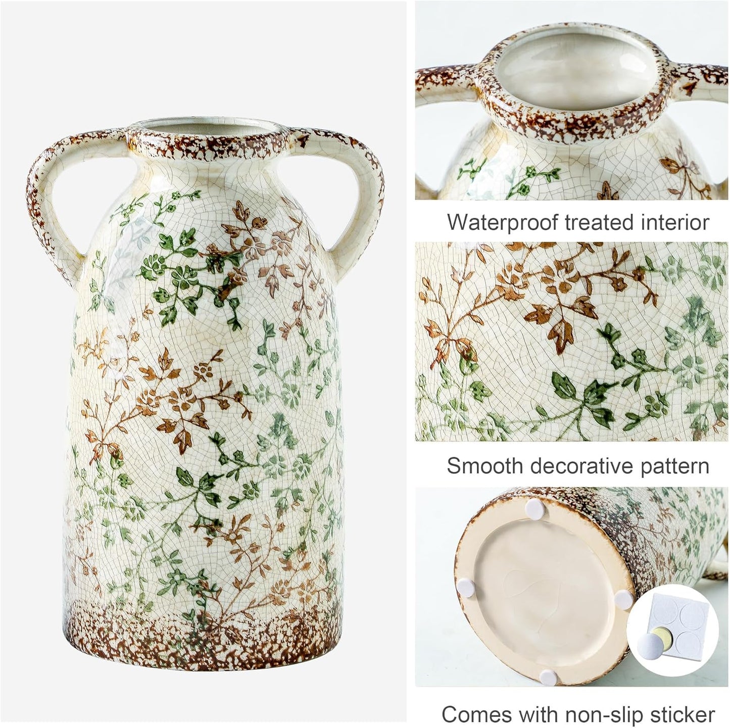 Enra Large Vintage Green and Beige Ceramic Chinoiserie Floral Vase, 11.2 Inch Rustic Decorative Flower Vase for Home, Living Room, Kitchen, or Office – Pastoral Retro Design
