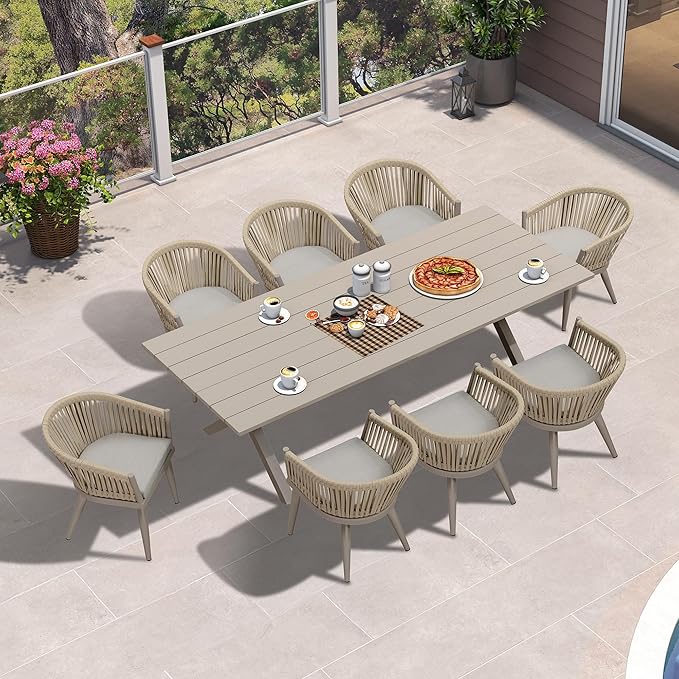 PURPLE LEAF 9 Piece Longer Outdoor Dining Set with Patio Aluminium Dining Table and Wicker Chairs Modern Furniture Cushions Sets for Backyard Indoor Decor Kitchen Champagne