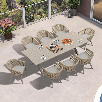 PURPLE LEAF 9 Piece Longer Outdoor Dining Set with Patio Aluminium Dining Table and Wicker Chairs Modern Furniture Cushions Sets for Backyard Indoor Decor Kitchen Champagne