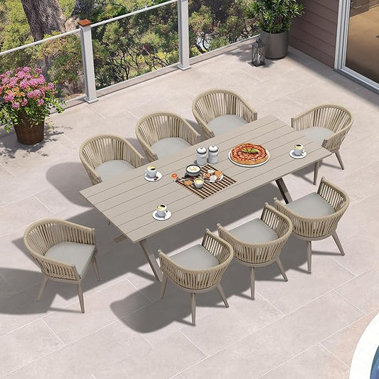 PURPLE LEAF 9 Piece Longer Outdoor Dining Set with Patio Aluminium Dining Table and Wicker Chairs Modern Furniture Cushions Sets for Backyard Indoor Decor Kitchen Champagne