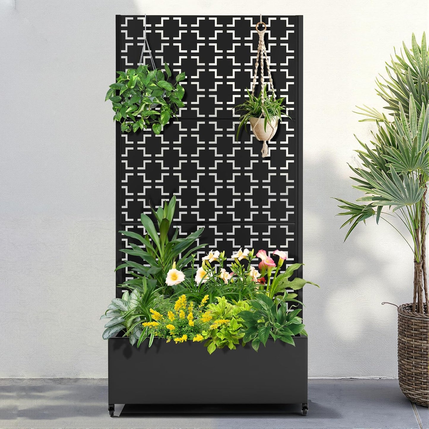 FENCY Metal Raised Garden Bed with Wheels and Trellis,73"x35"x16" Planter Box for Climbing Plants, Vegetables & Vines, Features Privacy Screen and Drainage Holes (Black-Square)