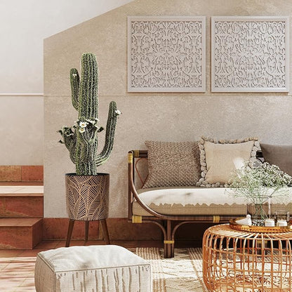 12inch Black Plant Pots for Indoor Plants Large Boho Flower Pot with Stand Modern Planters with Gold Floral Embossed Standing Planter with Drainage for Living Room, Office, Garden or Balcony