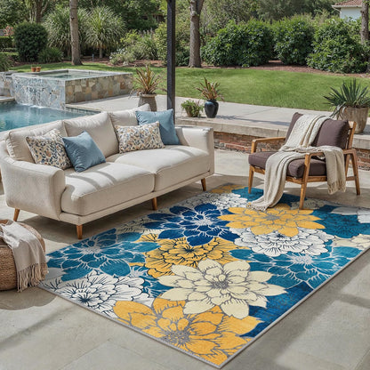 GENIMO Indoor Outdoor Area Rug 6' X 9' Waterproof, Washable Patio Rug Non Shedding, Easy Cleaning Floral Outdoor Carpet for Living Room, Bedroom, Dining Room, Balcony, Backyard, Deck, RV, Blue