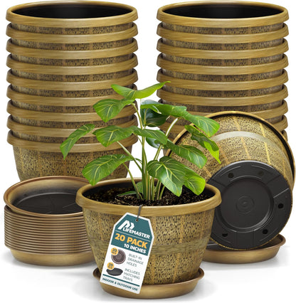 10-Inch Whiskey Barrel Planters Outdoor Pack of 20 - Durable Plastic Plant Pots for Indoor & Outdoor Use with Drainage & Saucer, Lightweight Rustic Barrel Planters for Flowers, Herbs & Small Plants