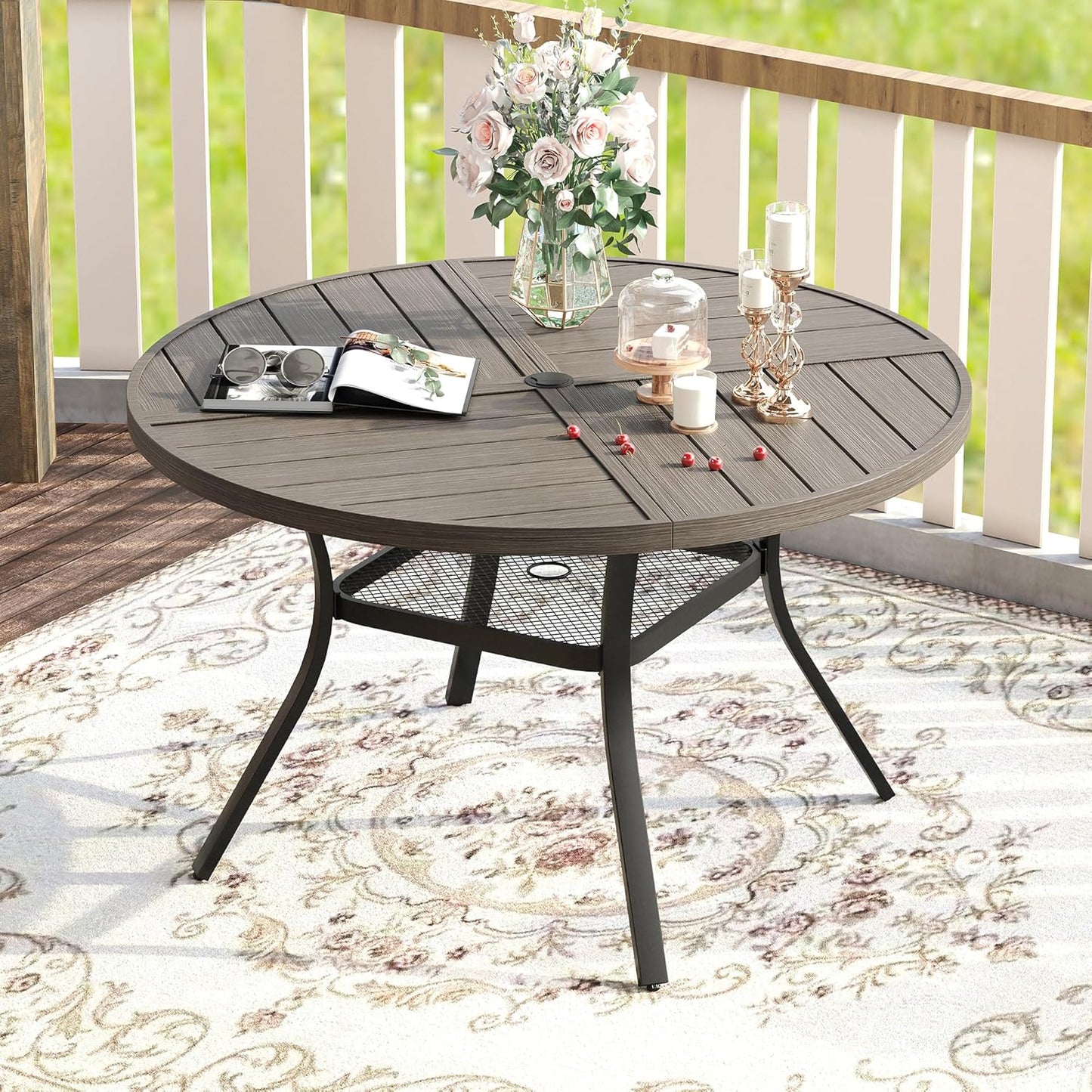 VICLLAX Round Patio Table with Adjustable Umbrella Hole for 4, All Weather Metal Outdoor Dining Table for Lawn Garden, 40.6" Outdoor Coffee Table, Grey Wood-Like Tabletop