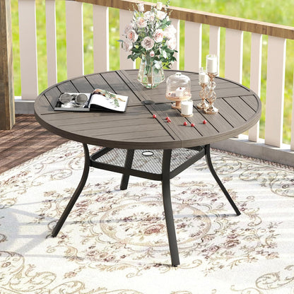 VICLLAX Round Patio Table with Adjustable Umbrella Hole for 4, All Weather Metal Outdoor Dining Table for Lawn Garden, 40.6" Outdoor Coffee Table, Grey Wood-Like Tabletop