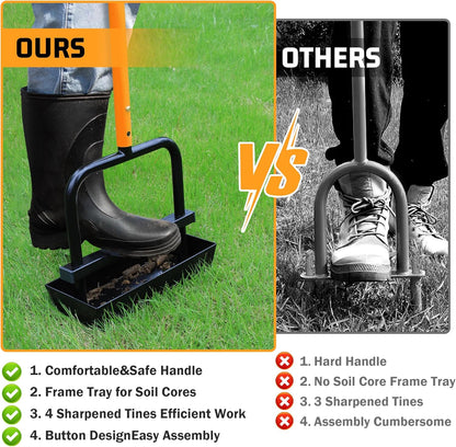 Lawn Aerator Coring Tool with Soil Core Collection Tray, 4 Tines Manual Yard Air Grass Aerator Gardening Tool for Lawn Care Courtyard,Orange（Updated Box）