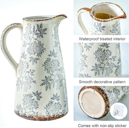 Enra Blue and White vase with Handle,12.2 inch Ceramic Vintage Decorative Flower Pitcher vase, Chinoiserie Floral Vase,Large Rustic Vases for Home Decors, Living Room, Bookshelf, Office