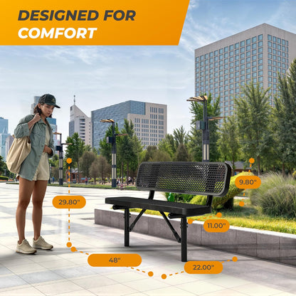 Heavy-Duty Outdoor Metal Bench, Thermoplastic-Coated, Inground, Weatherproof, Commercial-Grade for Parks, Gardens, Patios, Stores & More (4 Ft - Inground with Back, Black)