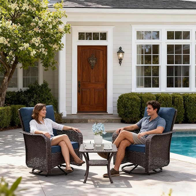Gotland Outdoor Swivel Chairs Set of 2, 3 Pieces Patio Furniture Set with Thick Cushion, Wicker Rocking Patio Chairs Set of 2, Patio Bistro Set with Double-Layer Coffee Table for Balcony Porch Navy