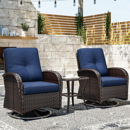 Joyside Outdoor Swivel Rocker Chairs, 3 Piece Wicker Patio Set with Thick Cushion and Side Table, Rattan Patio Swivel Rocking Chairs for Porch, Deck Use (Brown/Blue, 3 PCS)