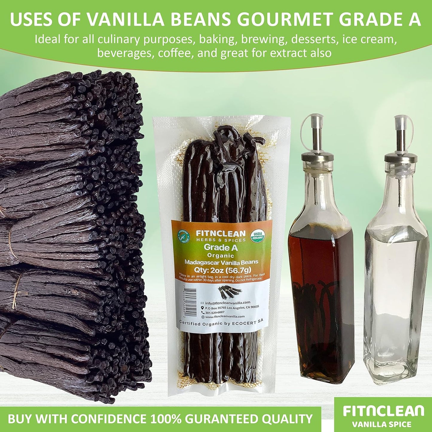 2oz Madagascar Organic Vanilla Beans Gourmet Grade A. Certified USDA Organic 6"-8" by FITNCLEAN VANILLA Bourbon Fresh for Extract, Essence, Brewing, Baking NON-GMO Whole Pods