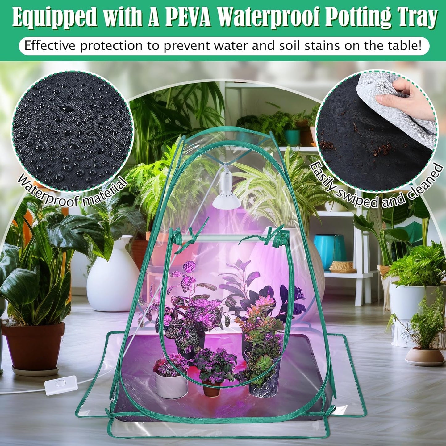 Meonum Mini Greenhouse with 10W 200 LED Grow Light Bulbs for Indoor, 27 x 27 x 30 Pop Up Small Greenhouse Cover with Bottom Waterproof Bottom Mat for Indoor Outdoor Plants Seed Starting