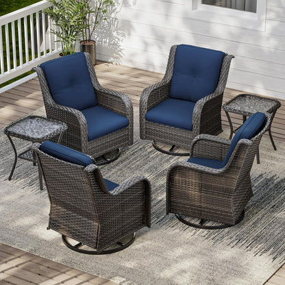 6 Pieces Outdoor Furniture Set - Patio Wicker Swivel Rocker Chair Set of 4 and 2 Side Table, Blue, Mixed Brown Rattan, Suitable for Porch, Yard