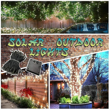 OZS 4 Pack 320LED Solar String Lights Outdoor, Waterproof 8 Modes Solar Tree Light, Green Wire Christmas Lights Outdoor for Garden, Party, Wedding, Christmas Decorations (Cool White)
