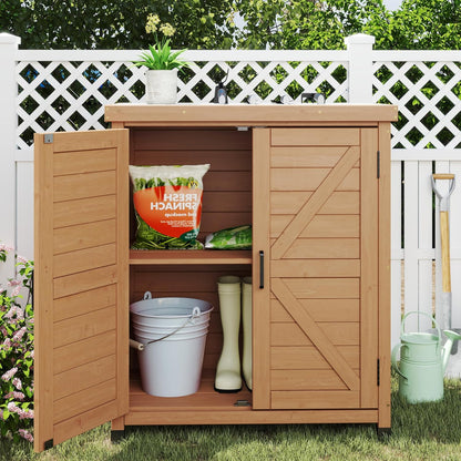 Outdoor Storage Cabinet & Potting Bench Table with Metal Top, Wooden Patio Furniture, Garden Workstation (Light Brwon, 36x31x17in)