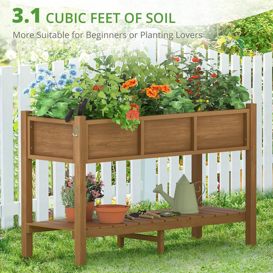LUE BONA Raised Planter Box with Legs, 47 * 18 * 29 in, Raised Garden Bed with Tools and Storage Shelf, Weather Resistant, 3-Year Warranty, Standing Growing Bed Herb Planter for Vegetable, Brown