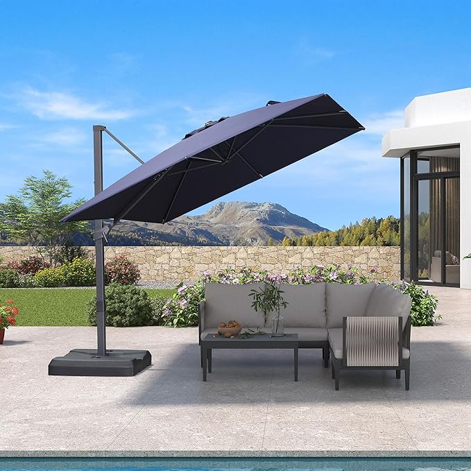 PURPLE LEAF 9' × 9' Patio Cantilever Umbrella Outdoor Square Adjustable Offset Umbrellas with 360-degree Rotation and 8 Heavy Duty Metal Ribs for Garden Deck Pool Navy Blue