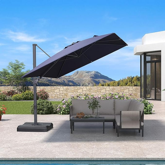 PURPLE LEAF 9' × 9' Patio Cantilever Umbrella Outdoor Square Adjustable Offset Umbrellas with 360-degree Rotation and 8 Heavy Duty Metal Ribs for Garden Deck Pool Navy Blue