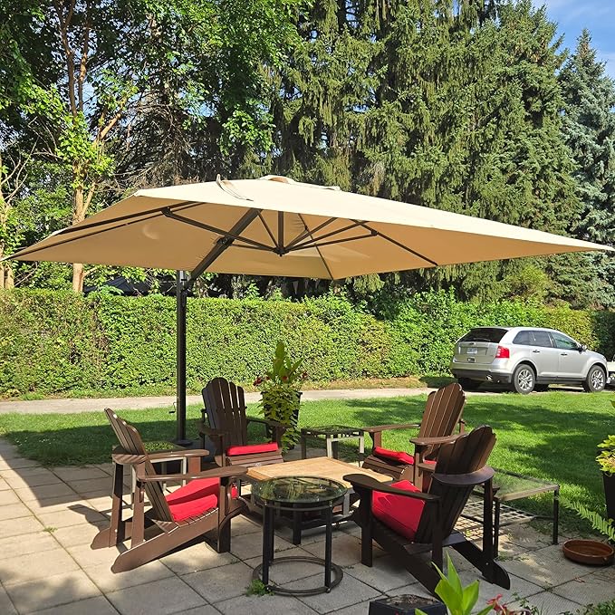 PURPLE LEAF 9' X 12' Rectangle Patio Umbrella with Base Large Cantilever Outdoor Umbrella Offset Umbrella with 360-degree Rotation Garden for Deck Backyard Pool Beige