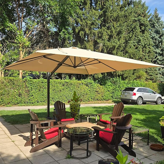 PURPLE LEAF 9' X 12' Rectangle Patio Umbrella with Base Large Cantilever Outdoor Umbrella Offset Umbrella with 360-degree Rotation Garden for Deck Backyard Pool Beige
