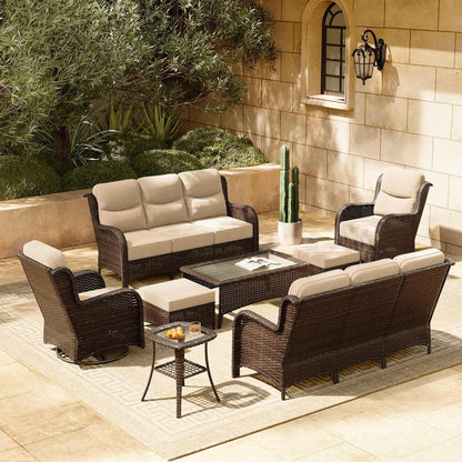 HILLGA Luxury Patio Furniture Set with 6-inch Thick Cushion, Outdoor Couch and High Back Swivel Rocker Patio Chairs, 8PCS Wicker Conversation Set for Deck Yard and Poolside, Beige (V2)