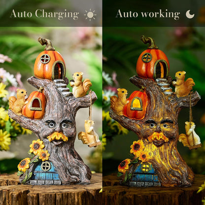 TERESA'S COLLECTIONS Fall Decor, Pumpkin Decor, Tree Spirit and Squirrels Pumpkin House with Solar Lights, Outdoor Fall Decor Waterproof Resin, Fall Gift Outdoor/Indoor,11"