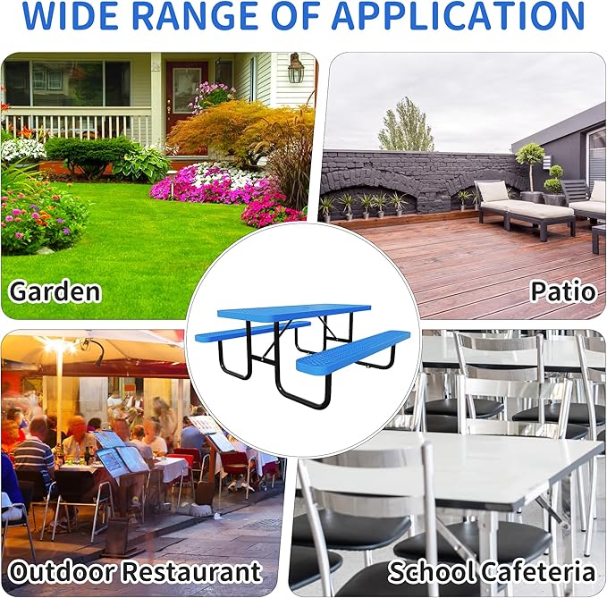 48'' Rectangular Steel Picnic Table for Outdoors,Commercial Metal Picnic Table Bench Set with Umbrella Hole,School Canteen Table W/Seats - Heavy Duty Sturdy Picnic Tables Furniture for Patio Garden