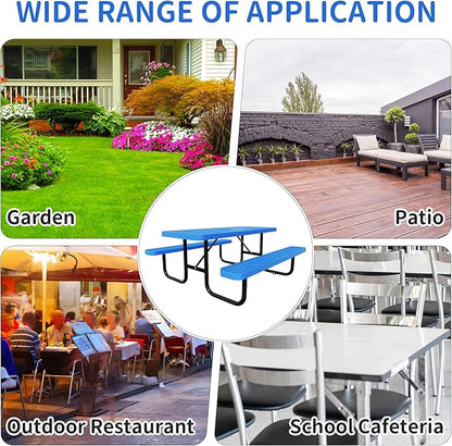 48'' Rectangular Steel Picnic Table for Outdoors,Commercial Metal Picnic Table Bench Set with Umbrella Hole,School Canteen Table W/Seats - Heavy Duty Sturdy Picnic Tables Furniture for Patio Garden