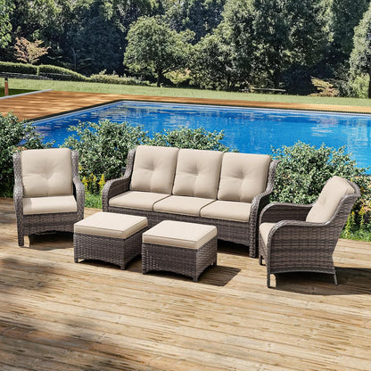Joyside Patio Furniture Set 5-Piece Wicker Outdoor Furniture Conversational Set with 3-Seat Sofa, 2 Armchairs, 2 Ottoman Patio Rattan Wicker Sectional Sofa Set with Olefin Cushions(Mixed Grey/Beige)