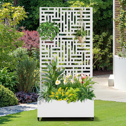 FENCY Metal Raised Garden Bed with Wheels and Trellis,73"x35"x16" Planter Box for Climbing Plants, Vegetables & Vines, Features Privacy Screen and Drainage Holes (White-Geometric Lattice)