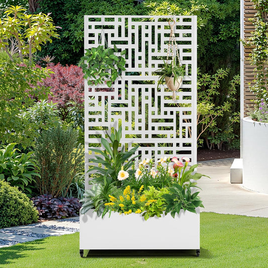 FENCY Metal Raised Garden Bed with Wheels and Trellis,73"x35"x16" Planter Box for Climbing Plants, Vegetables & Vines, Features Privacy Screen and Drainage Holes (White-Geometric Lattice)