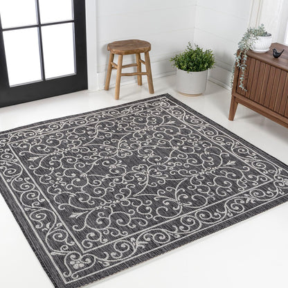 JONATHAN Y SMB106G-3SQ Charleston Vintage Filigree Textured Weave Black/Gray 3' Square Indoor/Outdoor Area Rug, Pet Friendly, Non-Shedding, Stain Resistant, Easy-Cleaning for Backyard, Patio, Porch