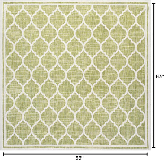 Eyely BMS109G-5SQ Santa Monica Trebol Moroccan Trellis Textured Weave Indoor/Outdoor Area Rug Coastal;Bohemian, Bedroom, Backyard, Patio, Easy-Cleaning, Non-Shedding, 5' Square, Green/Cream
