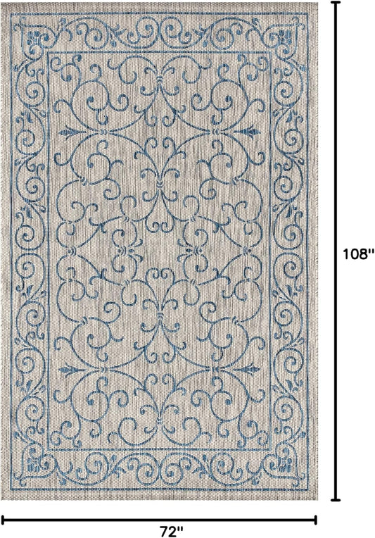 JONATHAN Y SMB106C-6 Charleston Vintage Filigree Textured Weave Gray/Navy 6 ft. x 9 ft. Indoor/Outdoor Area Rug, Pet Friendly, Non-Shedding, Stain Resistant, Easy-Cleaning for Backyard, Patio, Porch