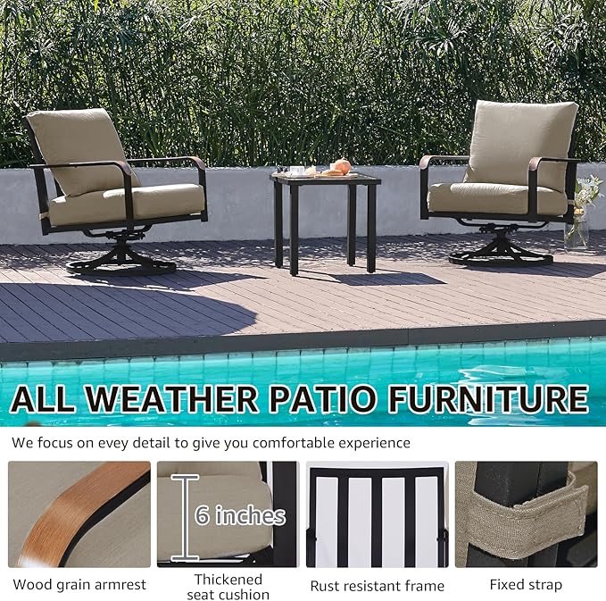 NATURAL EXPRESSIONS Outdoor Bistro Set, 3 Piece Swivel Glider Rocking Chairs Patio Conversation Furniture Set with 2 Rockers, 1 Metal Table and 6" Thick Cushions for Backyard, Porch, Balcony, 350lbs.