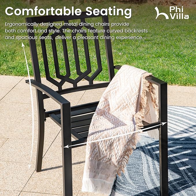 PHI VILLA 3 Piece Outdoor Bistro Set for 2, 22" Wrought Iron Square Table with Umbrella Hole & Stacking Metal Chairs, Small Furniture Conversation Set for Porch, Deck, Balcony, Patio, Yard - Black